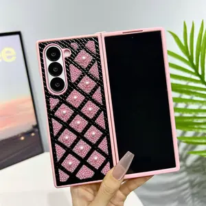 Pearl Grid Phone Case for Samsung Foldable Galaxy Zfold7 Zfold6 Zfold5 Z Fold3 4, Luxury Fashion Women's Protective Cover, Stylish Design Accessories
