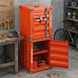 Industrial Retro Metal Container Storage Cabinet, Heavy Duty Steel Lockable Organizer, Stackable Garage/Office Tool Chest with Pegboard & Bins (White/Yellow Distressed)