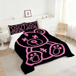 2/3Pcs Stylish Pink Bear Comforter Set, Cute Stitched Design Bedding Set, Cozy and Unique Bedroom Decor, Perfect for Kids and Teens, High Contrast Print on Comfortable Fabric 1 or 2 Pillowcase No Pillow Core