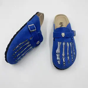 MECKMANLY Skeleton Mule Slides - Gothic Punk Slip-On Shoes | Edgy Daily Style Blue Casual Leather Men Clogs Footwear