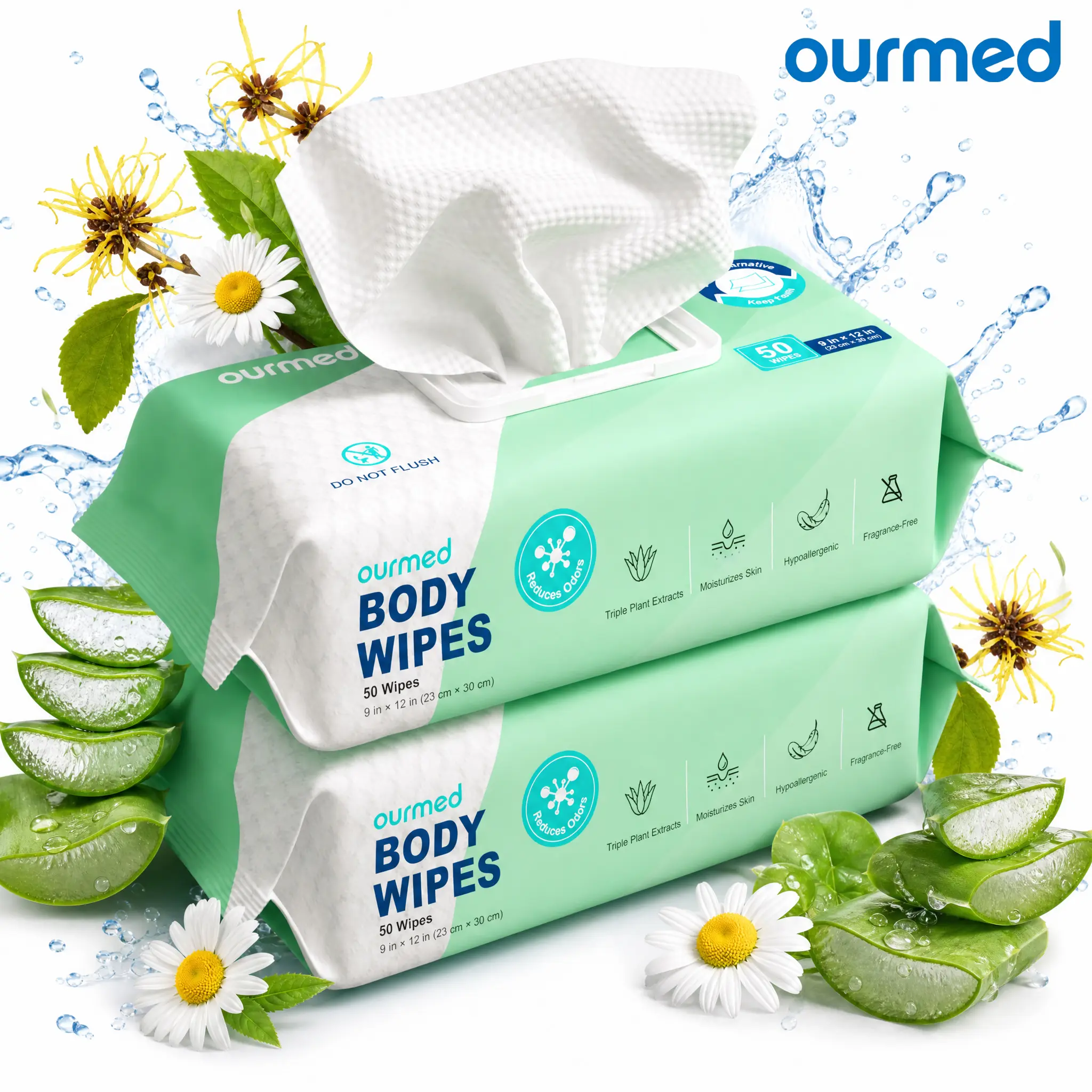 Ourmed Extra Large Body Wipes No-Rinse Bathing, 9"x12"50 Count Shower Wipes, Aloe Moisture and Hypoallergenic, Home Essentials for Adults and Elderly Care