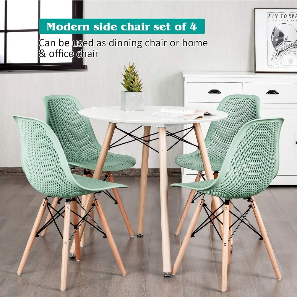 Set of 4 Modern Dining Chairs, Outdoor Indoor Shell PP Lounge Side Chairs with Mesh Design, Beech Wood Legs, Tulip Leisure Chairs, DSW Dining Chairs for Kitchen, Dining Room, Green