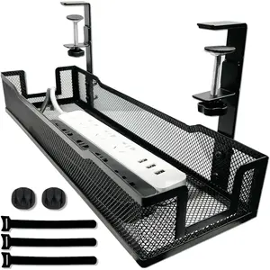 No Drill Under Desk  Management Tray with clamp- Wire Tray Cord Organizer - Thin Steel  Tray Basket with Charger Holder for Desk-Black  Management Box-Easy to Install