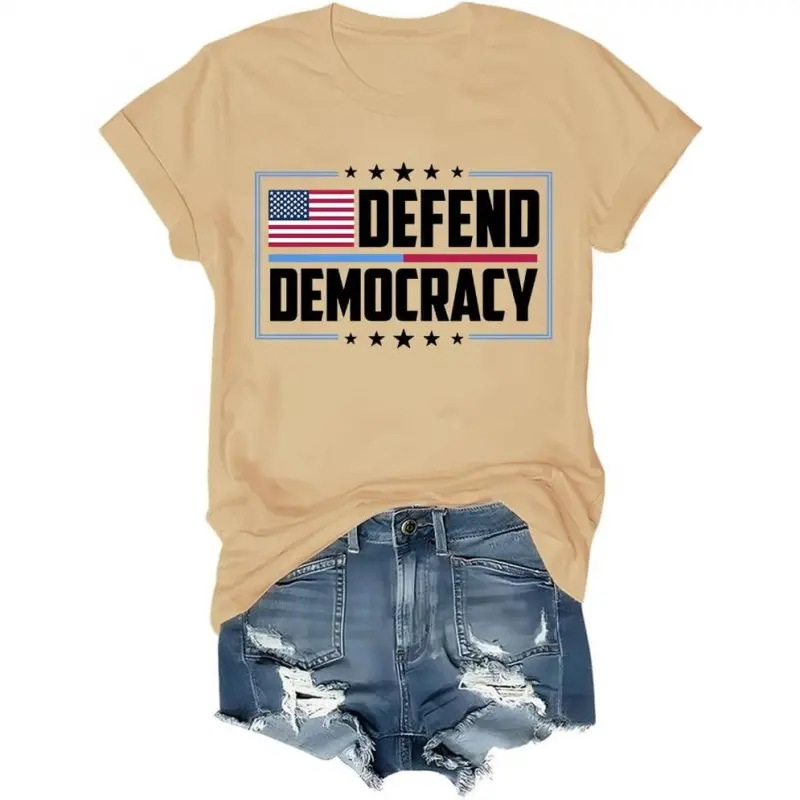 Defend Democracy Graphic Tee for Women, Casual 100% Cotton T-Shirt with a Comfortable Loose Fit, Short Sleeve Everyday Top, Print, Soft, Aesthetic, Round Neck, Shortsleeve, Tshirt, Lady, Machine Wash, Regular Thickness, Generic, Letter Print