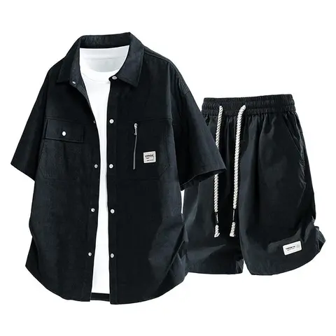 2026 Hot Style Detroit Short Sleeve Shirt + Shorts Two-Piece Set for Men American Retro Cleanfit Tie-Dye Workwear Short Sleeve Set