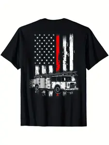 Fireman Red Flag Distressed Firefighter Truck American Flag T-Shirt Suitable for Unisex Personality Casual Round Neck Outdoor Short-Sleeved T-Shirt Slightly Elastic 100% Cotton S-XXXL