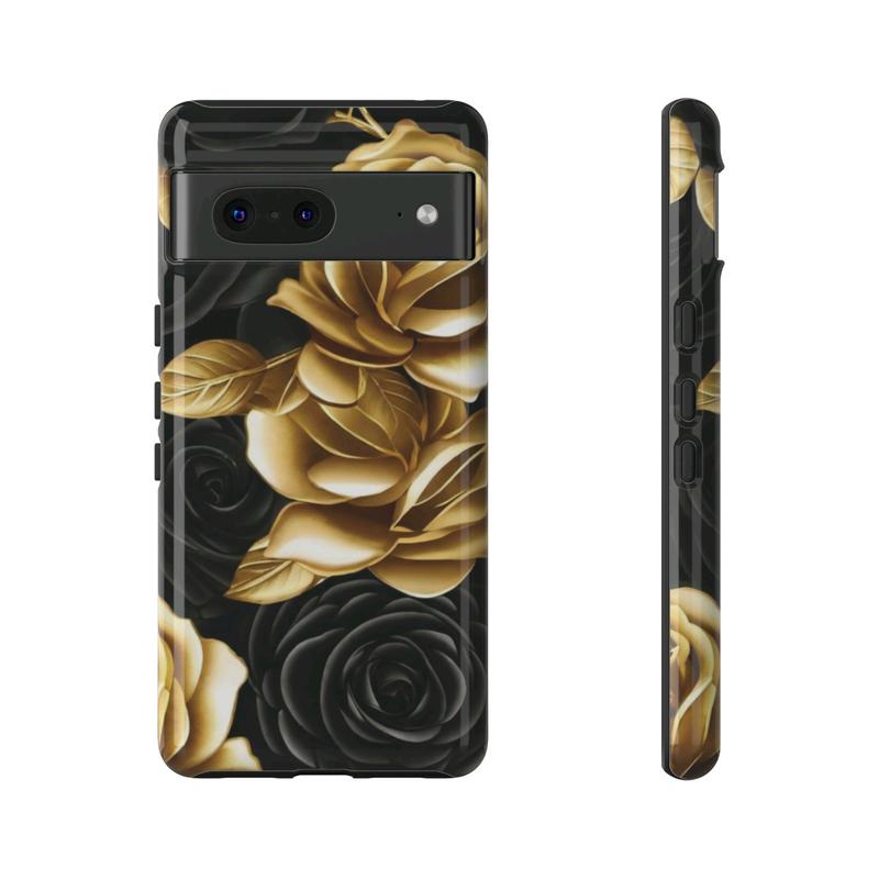 Elegant Black and Gold Roses Phone Case - Stylish Protection for Samsung Galaxy, iPhone, Google Pixel phones, iPhone Case, Samsung Galaxy Case, Google Pixel Case, Cellphone Accessories, Protective Wireless Protector Shell Golden Shockproof Cover