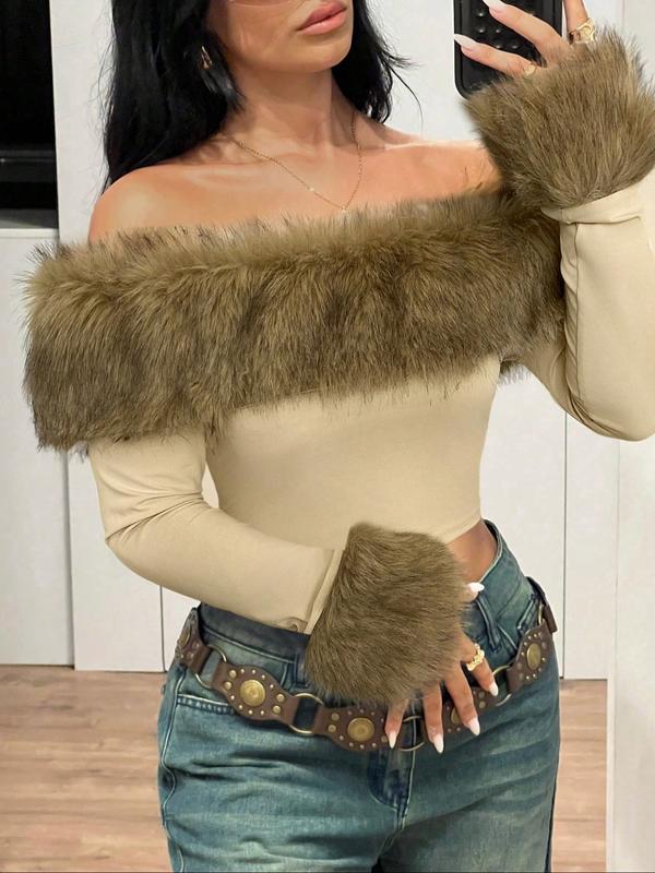 Fluffy Collar Spliced Shoulder Long Sleeve T-Shirt, Fashionable and Elegant, Perfect for Autumn Winter Seasons, Women's Casual Top