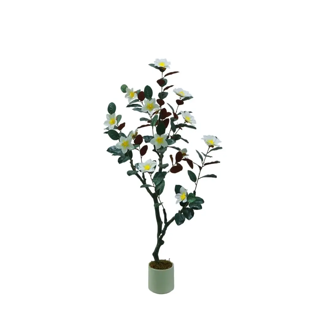 5ft Artificial Magnolia Tree with White Blooming Blossoms, Silk Plastic Faux Greenery Plant with Pot, Renter-Friendly Allergen-Free Artificial Flowers Decor for Home Living Room Corner, Office Entryway Centerpiece