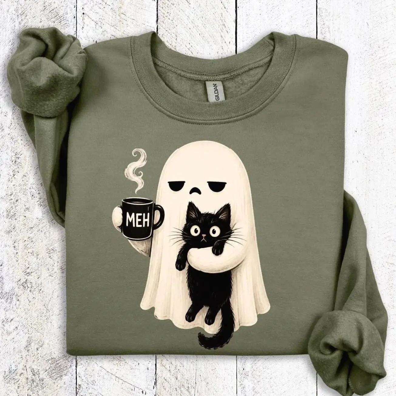 Ghost Holding Black Cat Sweatshirt, Meh Coffee Ghost Halloween Sweatshirt, Funny Spooky Cat Hoodie, Cute Halloween Graphic Tee, Fall Autumn Spooky Season Outfit, Halloween Party Apparel, Gift for Women & Men
