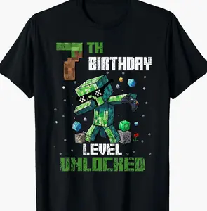 7th Birthday Level Unlocked Pixel Dab 7 Bday Gamer Kids Boys T-Shirt 6PG