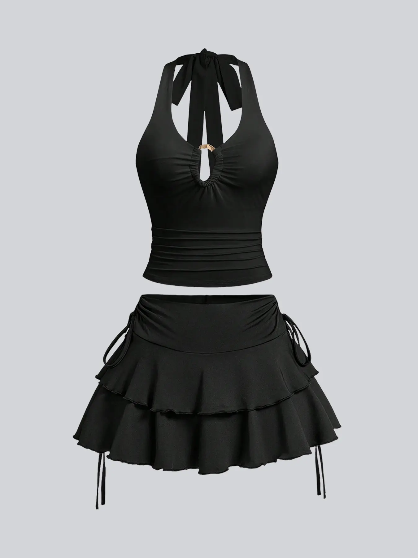 Women's Summer Chic Contoured Cut-Out Pleated Bustier Cropped Top & Tiered Ruffle Skirt Set, Detachable Metal Clasp Halter Strap w/ Crisscross Back & Adjustable Side-Tie Solid Hue Beach Cover-Up Ensemble, Clothes