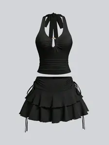 Women's Summer Contoured Cut-Out Bustier Cropped Top & Tiered Ruffle Skirt Set:Detachable Metal Clasp Halter w/ Crisscross Back & Adjustable Side-Tie Chic Solid Hue Beach Cover-Up Ensemble-Architectural Elegance for Coastal Adventures