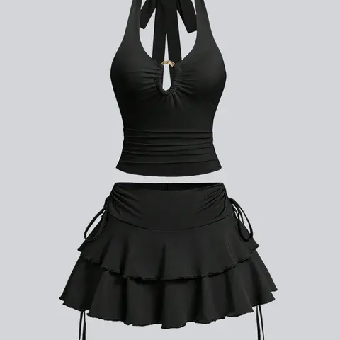 Women's Summer Chic Contoured Cut-Out Pleated Bustier Cropped Top & Tiered Ruffle Skirt Set, Detachable Metal Clasp Buckle Halter Strap w/ Crisscross Back & Adjustable Side-Tie Solid Hue Beach Cover-Up Ensemble, Clothes