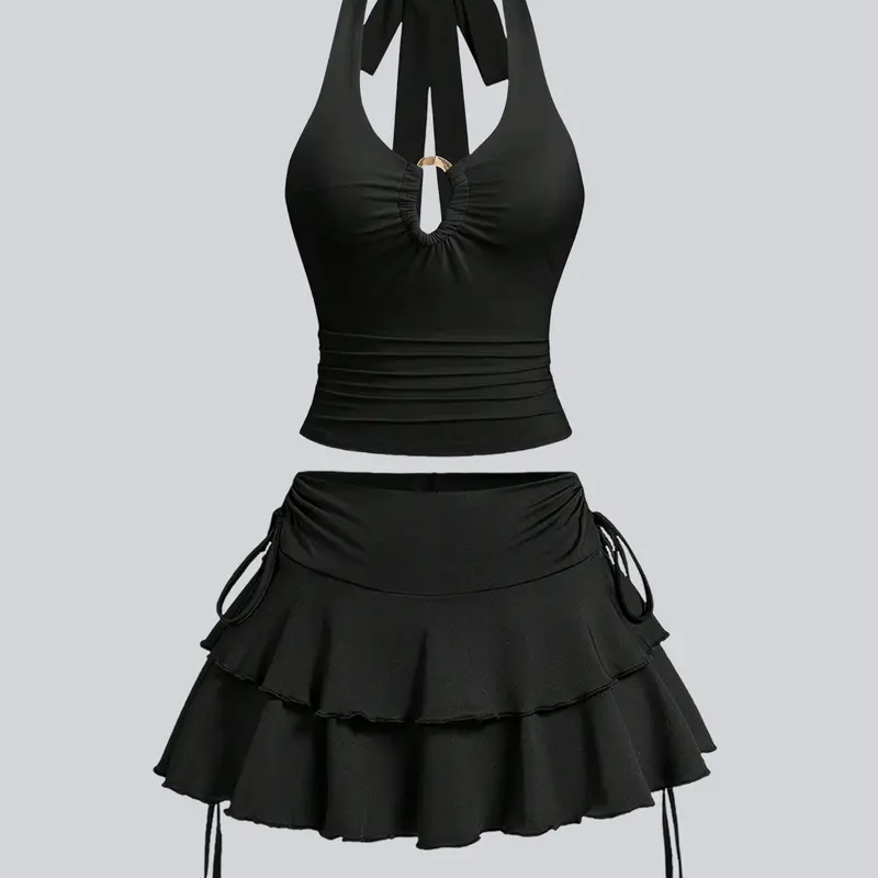 Women's Summer Chic Contoured Cut-Out Pleated Bustier Cropped Top & Tiered Ruffle Skirt Set, Detachable Metal Clasp Buckle Halter Strap w/ Crisscross Back & Adjustable Side-Tie Solid Hue Beach Cover-Up Ensemble, Clothes
