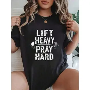 100% Cotton Lift Heavy Pray Hard Jesus Gym Weightlifter Deadlift Women Graphic T-Shirt Cotton Print Short Sleeve Casual Top, Summer Tee Womens Tops