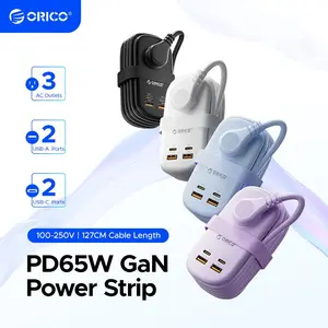 ORICO 65W PD GaN Travel Power Strip | 3 AC Outlets + 2 USB-A + 2 USB-C Ports, 127CM Long Cord Portable Mini Outlet Extender for Phone Laptop Tablet Home Office Travel-AP3