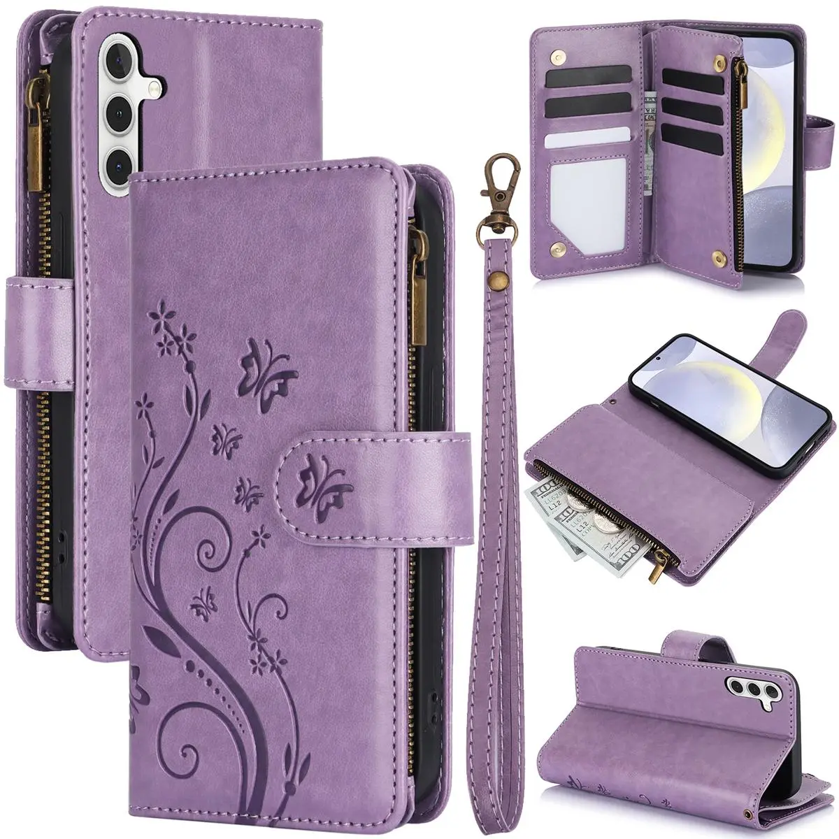 Wallet Case For Samsung Galaxy S26 S25 Ultra S24 Plus S23 S22 S20, PU Leather Embossed Floral Butterfly Wallet Phone Case with 6 Card Slots, Zipper Pocket, Wrist Strap, Flip Folio Kickstand Cover For Women