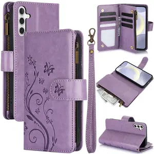 Wallet Case For Samsung Galaxy S26 S25 Ultra S24 Plus S23 S22 S20, PU Leather Embossed Floral Butterfly Wallet Phone Case with 6 Card Slots, Zipper Pocket, Wrist Strap, Flip Folio Kickstand Cover For Women