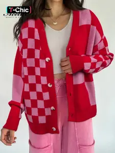 Acelitt Winter Daily Acrylic Plaid Colorblock Button Front Long Sleeve Knit Cardigan, Casual Fashion Outerwear for Women