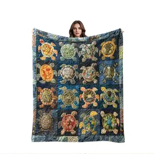 Sea turtle–themed patchwork printed blanket: sofa cover, bed end blanket, nap blanket. Faux handmade patchwork design with a retro vibe. Sea turtles symbolize longevity, protection, and ocean spirit—classic elements for styles like Hawaii and Bohemian.