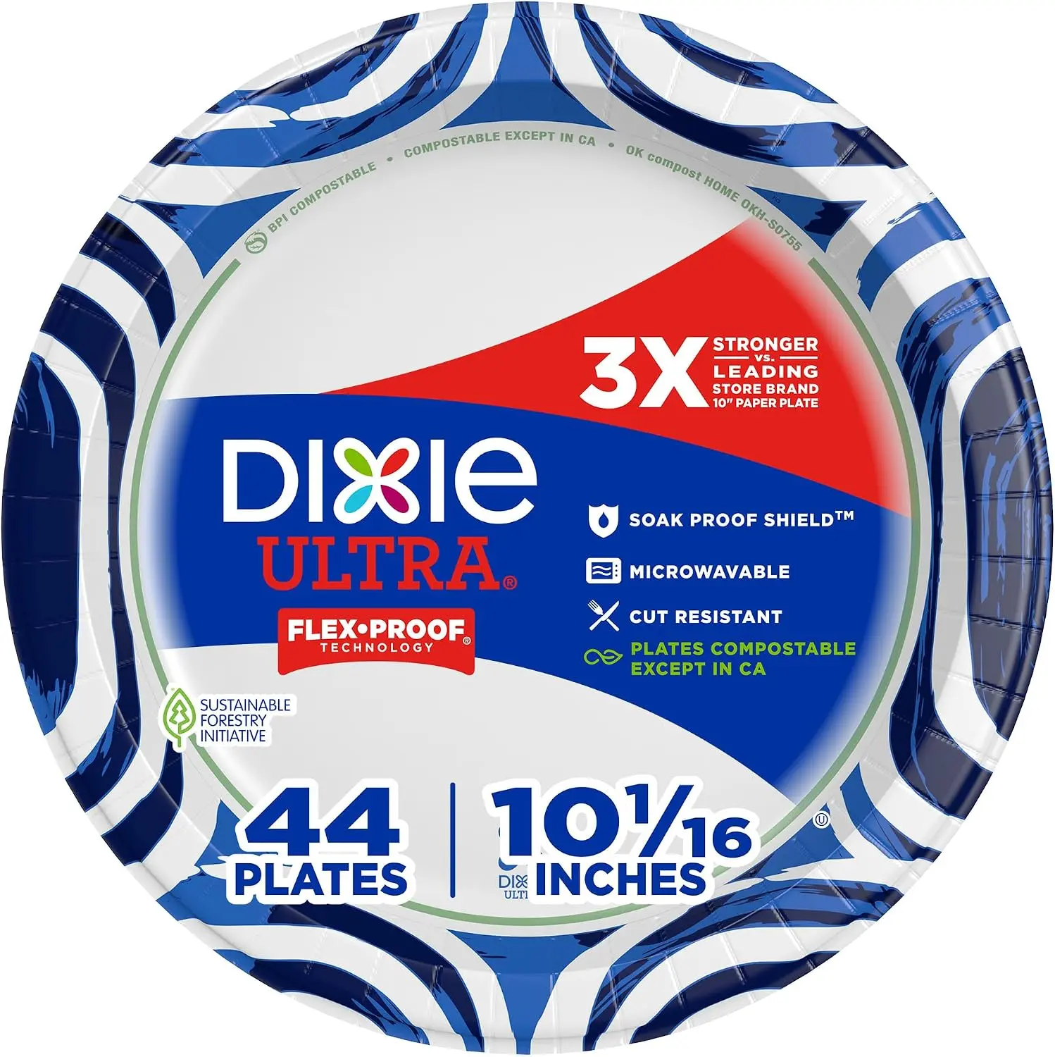 Dixie Ultra, Large Paper Plates, 10 Inch, 44 Count, 3X Stronger*, Heavy Duty, Microwave-Safe, Soak-Proof, Cut Resistant, Disposable Plates For Heavy, Messy Meals