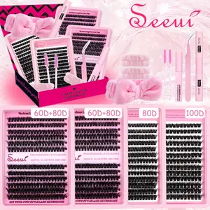 Volume Lash Clusters Kit, 4 Lashes in 1 Set, Dense Curled, Long-Lasting Waterproof Lashes, Fluffy Look Eyelash Extensions with Accessories,Bond &Seal &Remover &Eyelash Tweezers &Brush &Head Band &Wrist Bands, Fake Eyelashes Clusters, Perfect for Beginners