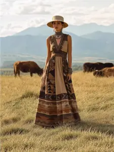 Vintage Western Aztec Geometric Pattern V-Neck Sleeveless Long Dress, Retro Style, Perfect for Special Occasions, Unique Design