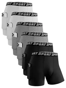 6 pcs long men's solid color underwear, Boxer briefs set, Soft, comfortable, Suitable for Four Seasons sports, quick drying breathable elastic waistband sports pants, daily casual wear, suitable for fitness boxing, flat underwear with pockets