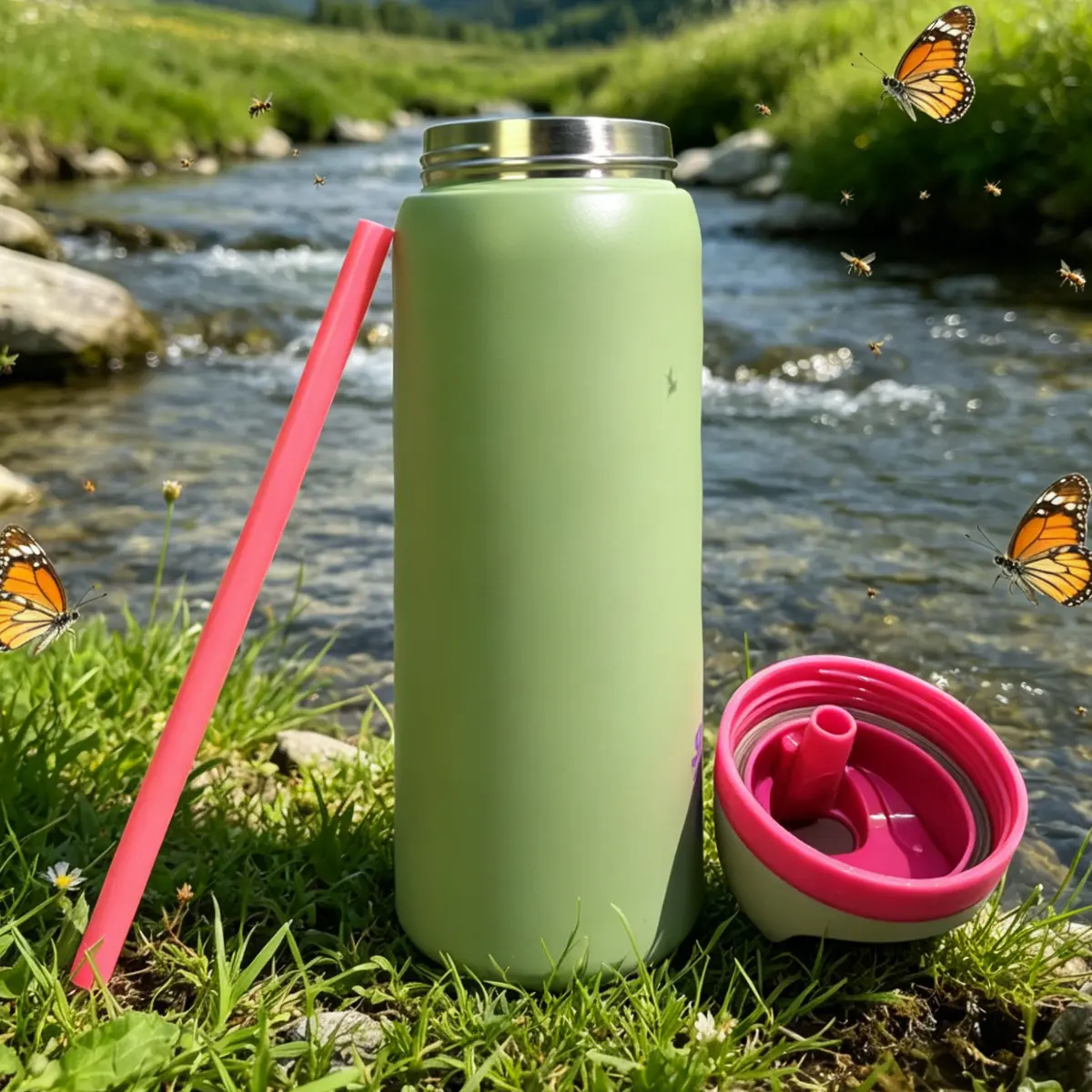 Ow-Avocado color double drink stainless steel sports cup - Double 100% leakproof insulated ice outdoor camping water cup, 32 oz/945ml outdoor cycling water cup, {Beach/Camping Essential Accessories}