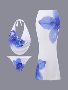 Women's Gingham Bikini Set Three-Piece Slim Fit Casual Style All-Seasons Swimwear, Fashionable & Sexy Design for Comfort, Swimsuit for beach, Floral Print Bikinis, Floral Print Swimsuits