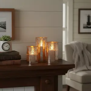 Silver Flameless LED Candles Set of 3 – Mercury Glass, Real Wax, Warm White Flicker, Remote & Timer, 500+ Hrs, Spring Mother's Day Decor, Batteries Included