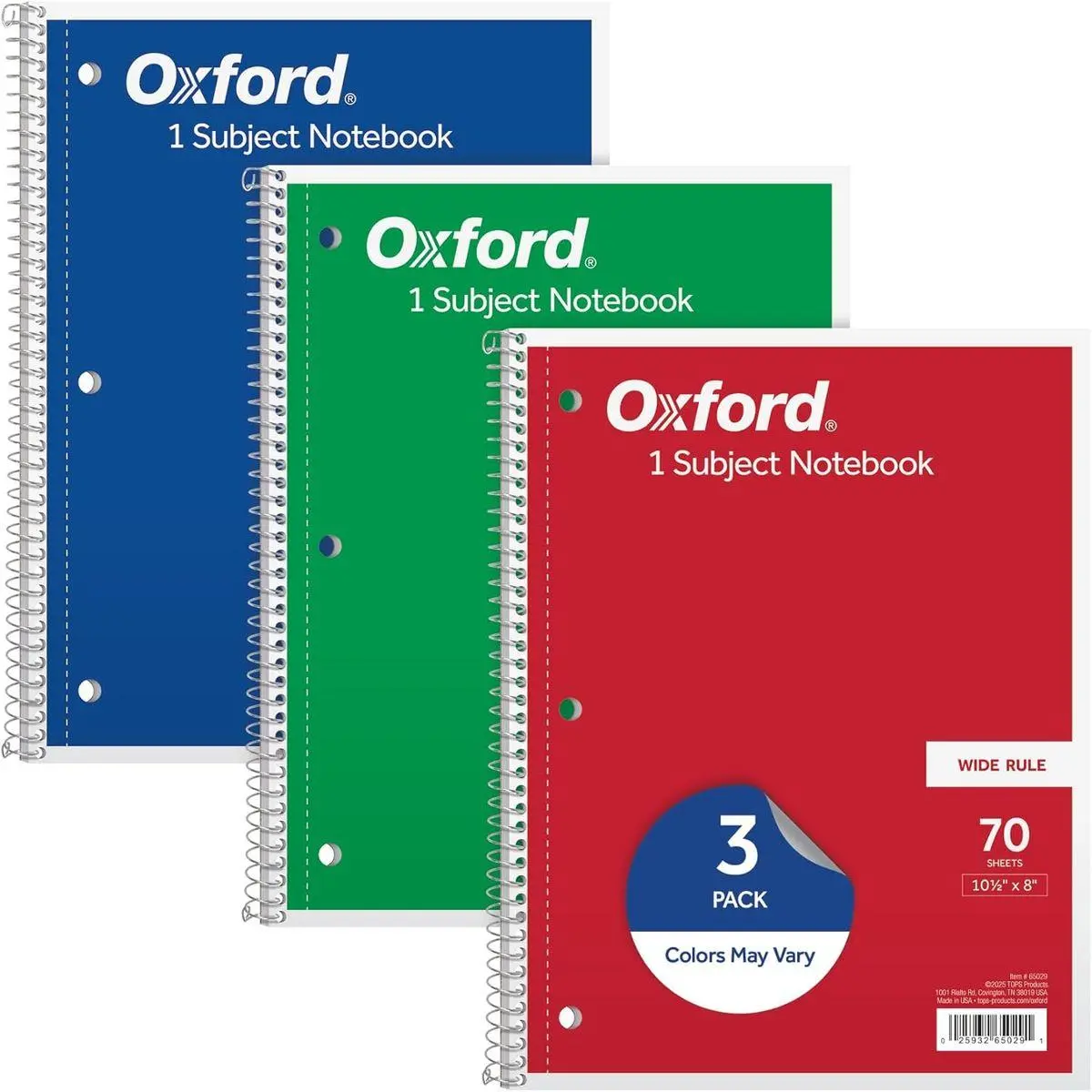 1-Subject Notebooks, School Journal, 8 x 10-1/2 Inch, Wide Rule Paper, 70 Sheets, 3-Hole Punch, 3 Pack, Red, Blue, Green, Color Assortment May Vary (65029)