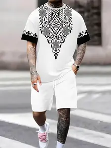 Men's Ethnic Style Casual Set with Short Sleeve and Shorts, Vintage Floral Pattern, Fitted Suit for All Seasons