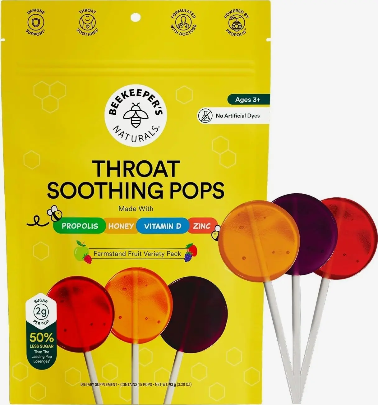 Kids Throat Soothing Lollipops by Beekeeper's Naturals - Doctor Formulated Immune Support, Vitamin D & Honey, Under 2g Sugar, Clean Ingredients,15 ct
