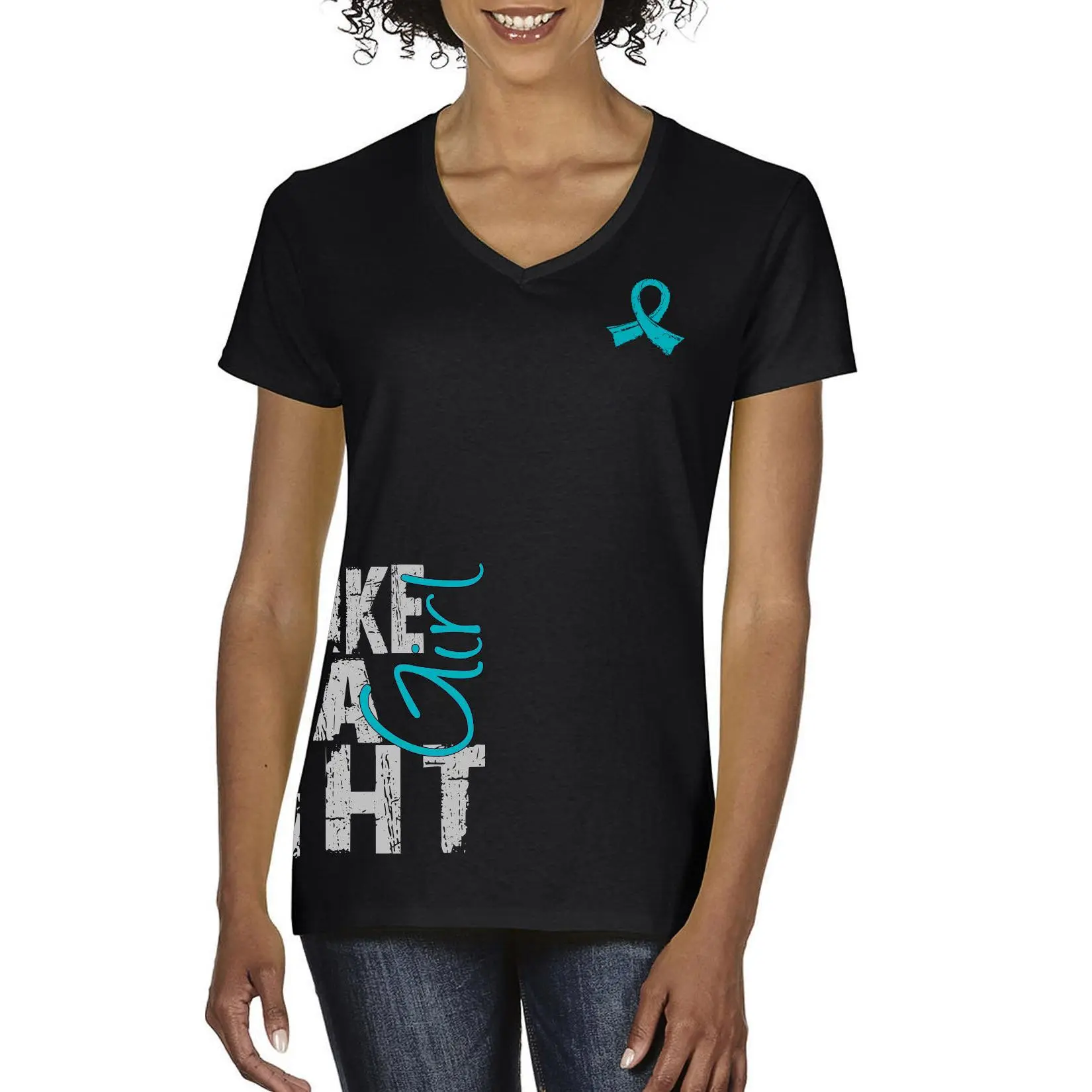 Fight Like a Girl Side Wrap v1 Women's V-Neck T-Shirt - Black w/ Teal
