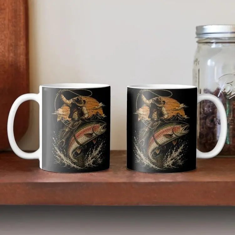 Vintage Fishing Coffee Mug, Retro Angler and Bass Artwork, Rustic Outdoor Gift for Fishermen, Great for Father’s Day, Birthday, Christmas or Camping