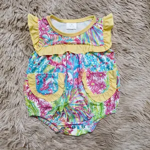 Yellow ruffle pockets colorful printed summer bubble baby girls romper