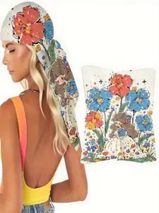 1pc White Cartoon Floral Square Scarf with Big Red & Blue Flowers, Retro Girl Illustration, Perfect for Summer Festivals, Spring Picnics or Playful Daily Fashion Accessories