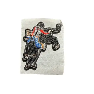 Bull Rider Embroidered Hat Patch - Black Design with Colorful Elements, Featuring Bull and Rider, Ideal for Customization