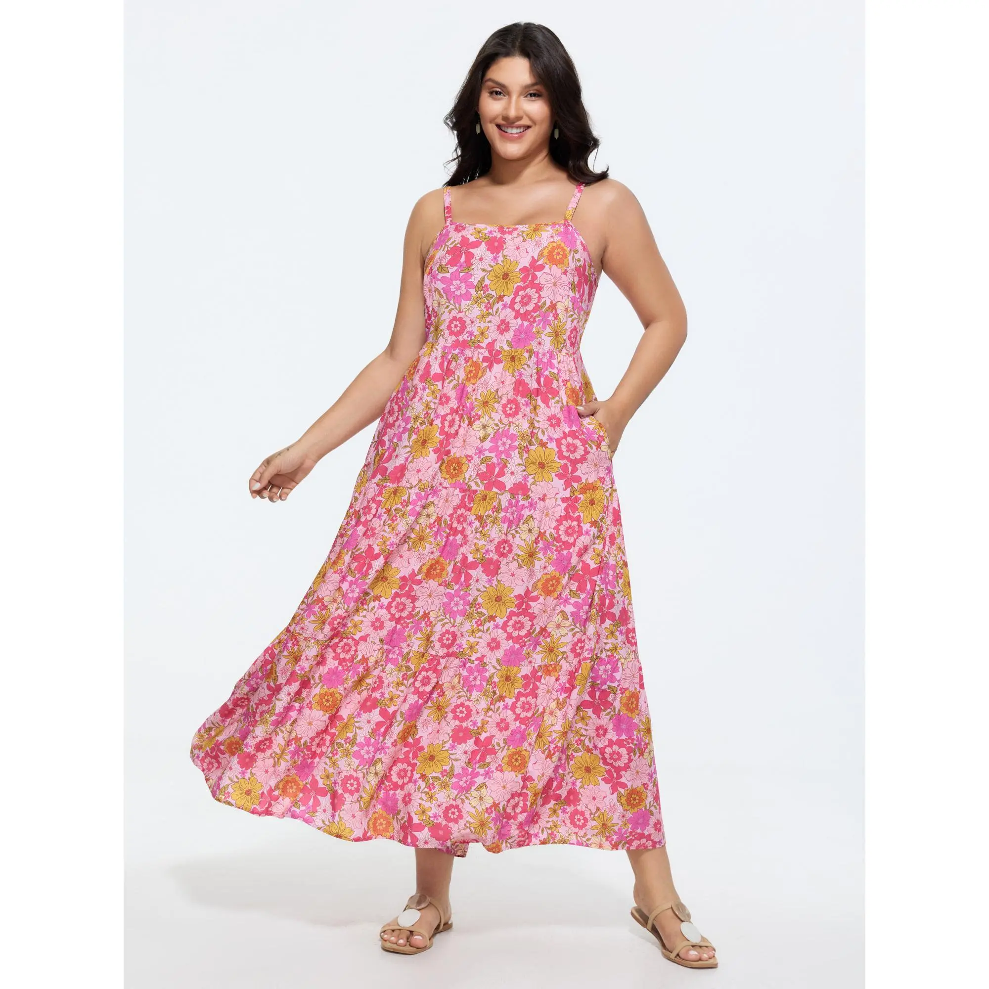 BLOOMCHIC Women's Plus Size Casual Rayon Sleeveless Floral Print Smooth Garment Everyday Fabric Adjustable Backless Drawstring Comfy Breathable Maxi Dress [M-6X], Summer Finds, Pocket, Low Iron, Cold Wash, Fit, Casual Wear, Simple, Curvy Dresses Plus Size