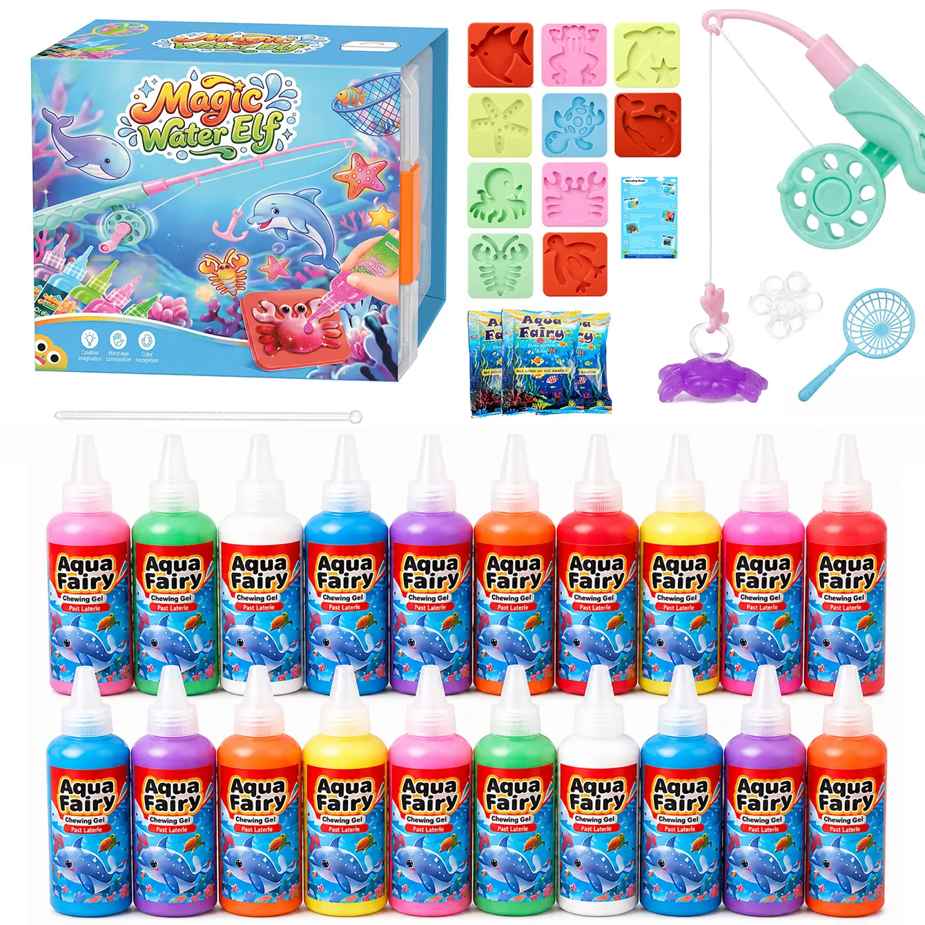 DIY Water Magic Paint Kit, Ocean Animal Craft Set with 20 Vibrant Gel Colors, 10 Reusable Molds, Fishing Game Accessories and Storage Case for Kids' Creative Activities, Parties and Birthdays