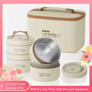 4 Pcs Insulated Bento Box Portable Stainless Steel Food Container Round Microwave Safe Stackable Leakproof Thermal Food Container for Adult Men Women with Insulated Bag(Beige) Steel Electric Lunch Box Vacuum Wide Mouth Food Jar