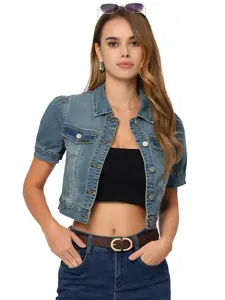 INSPIRE CHIC Button-Down Puff Sleeve Crop Jean Denim Jacket Casual Streetwear
