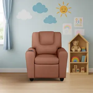 Kids Childs Toddler Recliner Chair  Brown with Cup Holder Comfort Recliner Chair