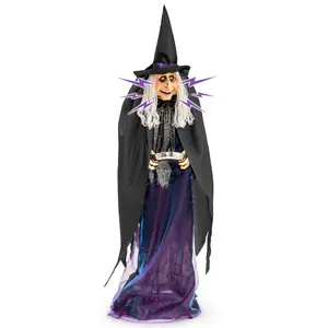COSTWAY - Giant Halloween Witch Decoration with LED Lights Widened Base Sound