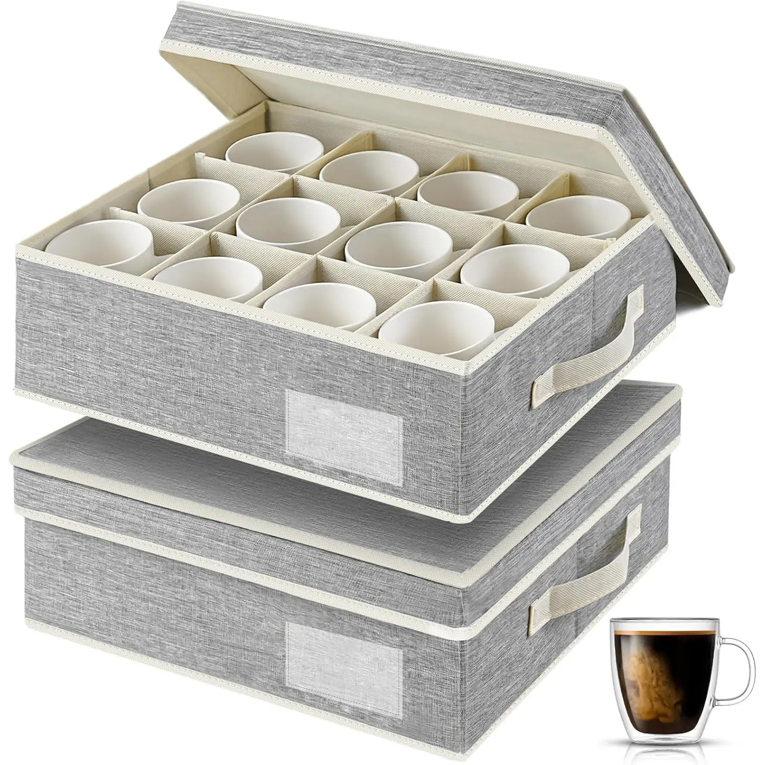 2 Pack Grey Stackable Hard Shell Mug Storage Box with Dividers & Handles, Cup Organizer for Tea Cup Coffee Mug Glass Cups, Each Holds 12 Cups