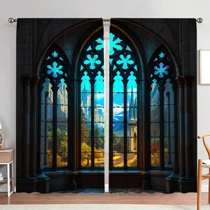 Gothic Window Pattern Door Curtain, 1 Set Including 2 Panels, Home Decorative Door Curtain, Room Divider Curtain for Home Living Room Bedroom