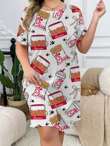 Women's Plus Size Cartoon Print Sleep Dress Loungewear, Short Sleeve Comfortable Casual Nightwear, Food Fried Chicken Design, Perfect for Cozy Nights