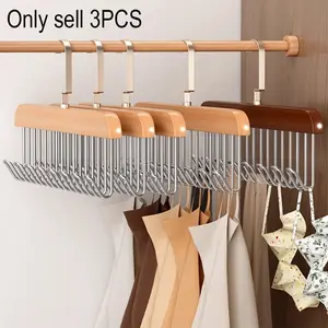 3pcs Wooden With 8 Rustproof Sturdy Hooks, Space Saving Multipurpose Heavy Duty 360° Rotating Wardrobe Storage Organizer for Tank Tops, Swimwear, Bras, Scarves, Hats, Belts, Ideal Home Furnishings, Vintage Wooden Hangers